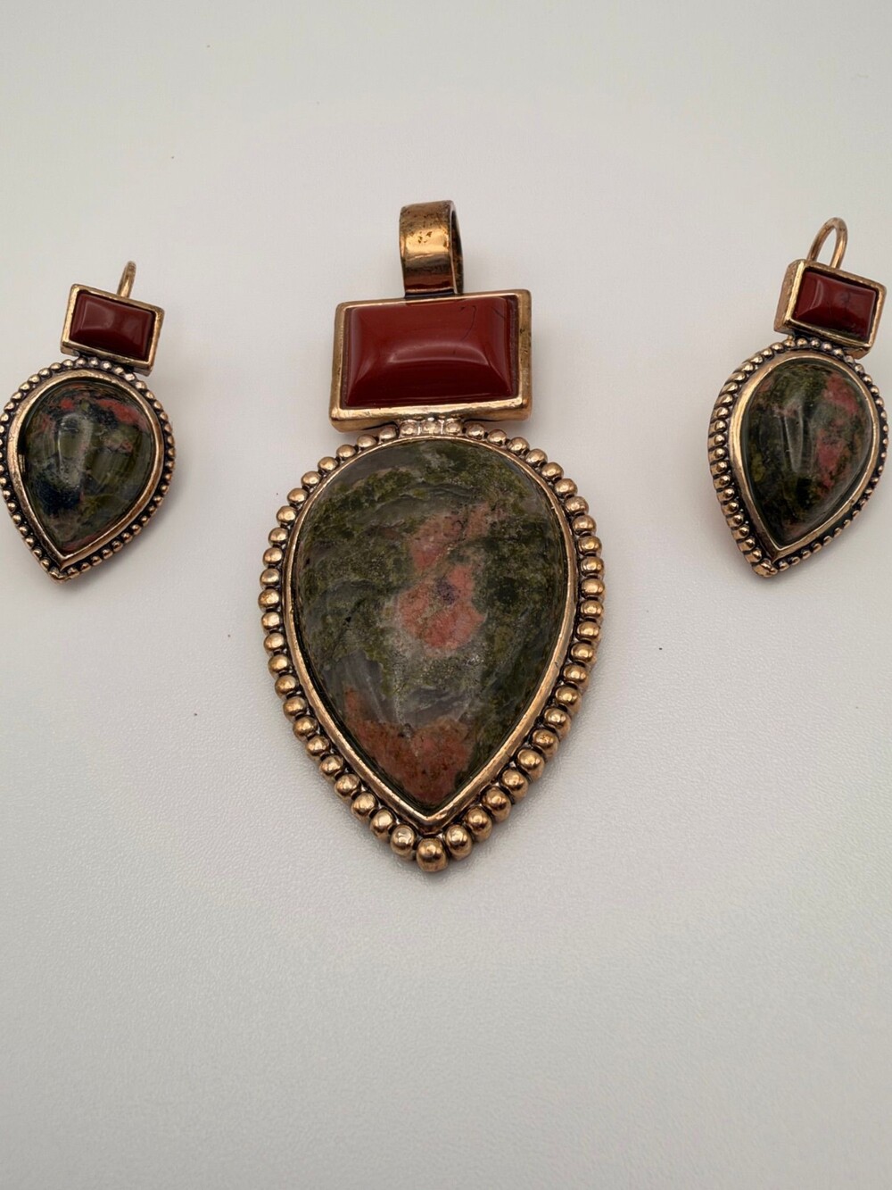 Roman Vintage Unakite and Red Jasper Pendant and Earring Set
